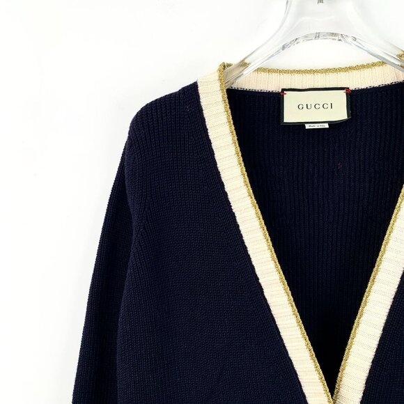 DW0178 Gucci Navy Wool Cardigan With Ivory Trim Red "Loved" Back Detail - Picture 3 of 8